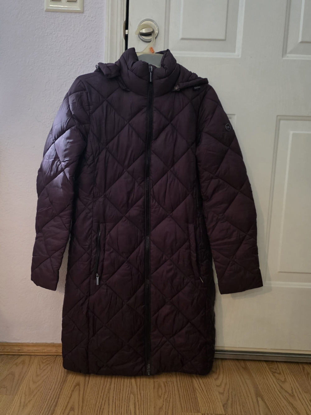 Michael Kors Small Quilted Long Puffer Coat in Deep Plum